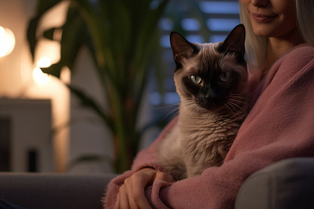 Woman sharing a quiet moment with her Siamese cat on a comfortable armchairの素材