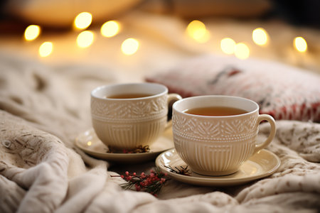A set of delicate porcelain teacups, adorned with intricate winter-themed designsの素材