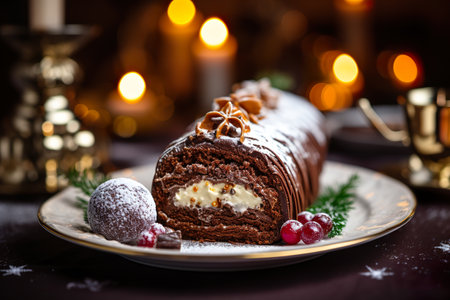 Decadent Christmas yule log cake, garnished with festive holiday ornamentの素材