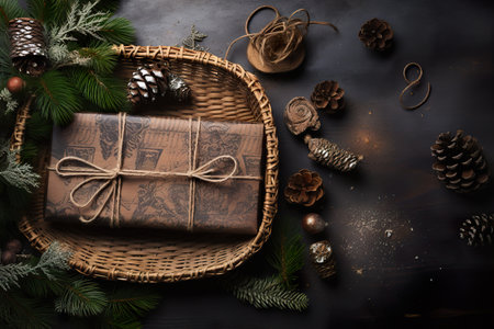 A flat lay of a rustic wooden surface with a wrapped in craft papergiftsの素材