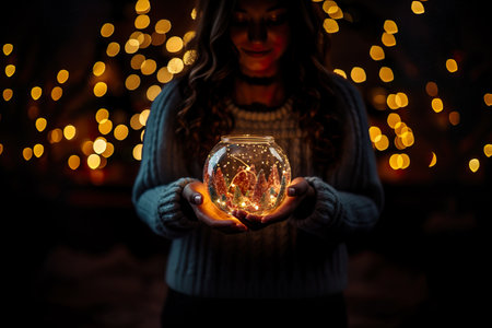 A pair of hands carefully placing a glowing tealight inside a transparent glass ornamentの素材