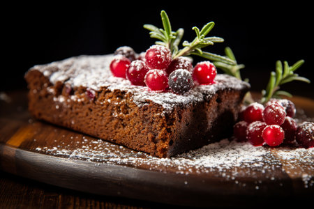 A macro shot of a slice of warm, freshly baked gingerbread cake, dusted with powdered sugaの素材