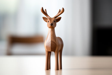 A minimalist wooden reindeer ornament with a clean white backdropの素材