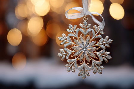 A silver snowflake ornament with a blurred gold ribbon background with warm lightingの素材