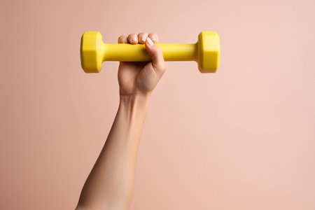 Close up athletic womans hand holding yellow dumbbell for trainingの素材