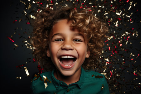 A cheerful kid in winter sweater surrounded by falling confetti on a minimal color backgroundの素材