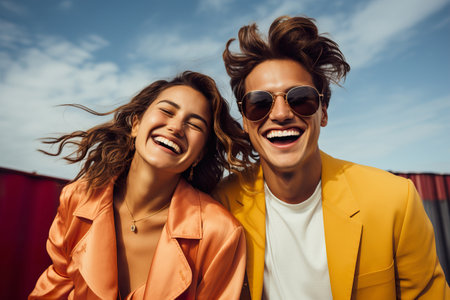 A fashionable couple celebrating on a minimal color backgroundの素材