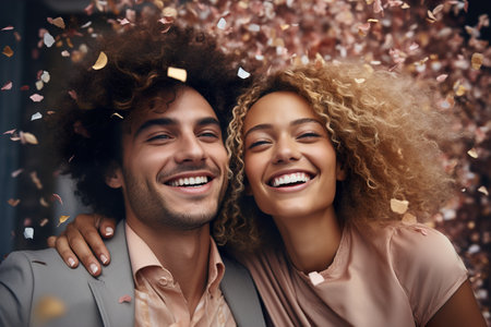 A fashionable couple celebrating on a minimal color backgroundの素材