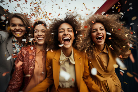 A trendy group celebrating with confetti on a minimal color backgroundの素材
