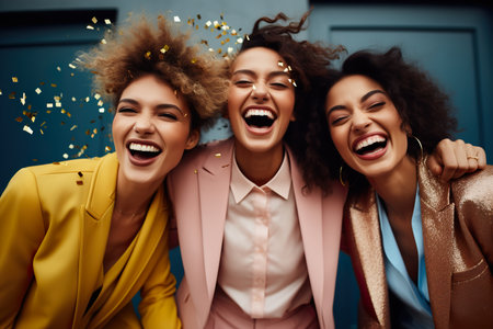 A fashionable group celebrating with confetti on a minimal color backgroundの素材