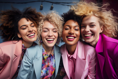 Stylish women celebrating an event with falling confetti on backgroundの素材
