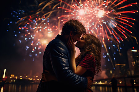 A lovely couple are kissing and hug each other during New Year fireworks at night skyの素材