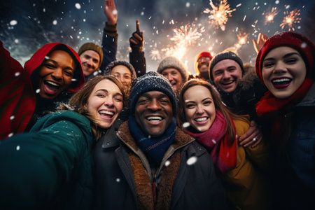 A group of cheerful people of different nationalities celebrate the new year together in the yardの素材