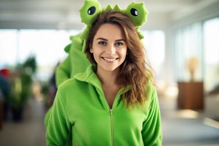 Portrait of a woman in a plush green dragon costume as a symbol of the new yearの素材