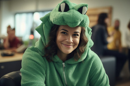 Portrait of a woman in a plush green dragon costume as a symbol of the new yearの素材
