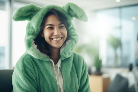 Portrait of a man in a green dragon costume as a symbol of the new yearの素材