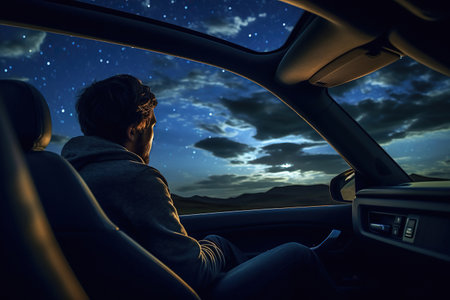 Traveler in rest is sitting in car with panoramic view on night star skyの素材