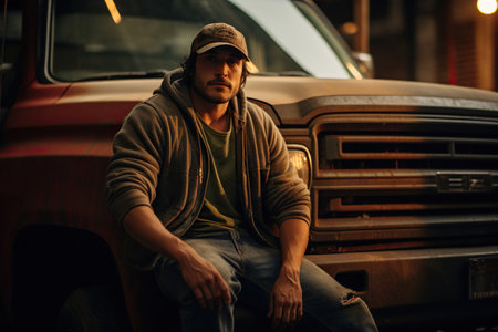 Portrait of man worker sitting near his old rusty pickup carの素材
