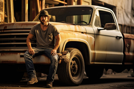 Portrait of man worker sitting near his old rusty pickup carの素材