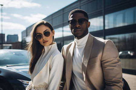 Portrait of attractive and stylish couple standing near modern electric carの素材