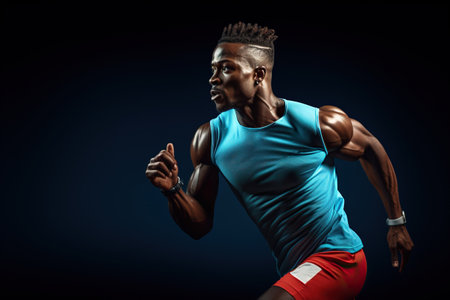 Attractive athlete man runner in action isolated on blue backgroundの素材