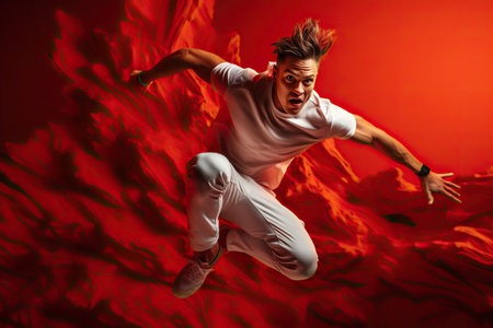 Attractive male break dancer is move on red backgroundの素材