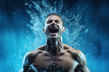 Athlete man swimmer is shouting during hard training with water splashes on backgroundの素材