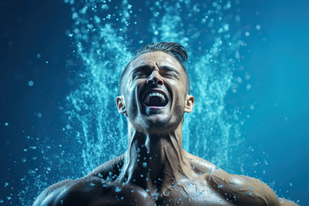 Athlete man swimmer is shouting during hard training with water splashes on backgroundの素材