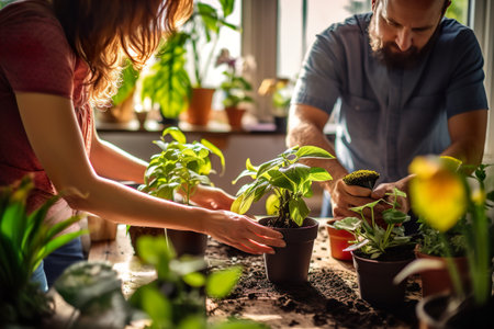 A couple contentedly planting a variety of indoor houseplantsの素材