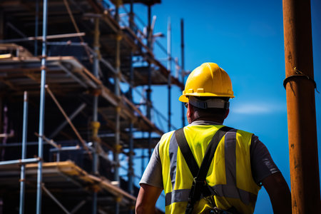 A construction worker standing on a scaffold, surveying the progress of a skyscraper projectの素材