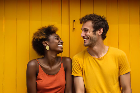 a couple cheerfully admiring their freshly painted accent wall, with smiles of satisfactionの素材