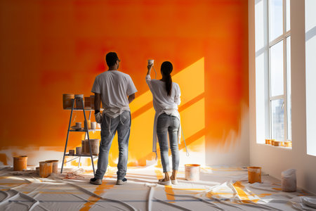 a couple paint the wall into orange color in minimal empty roomの素材