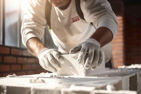 close up front view of builders hand hold one brick in front of the concrete wallの素材