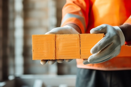 close up front view of builders hand hold one brick in front of the concrete wallの素材