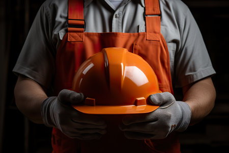 Close-up photo of worker in uniform holding an orange hard hatの素材