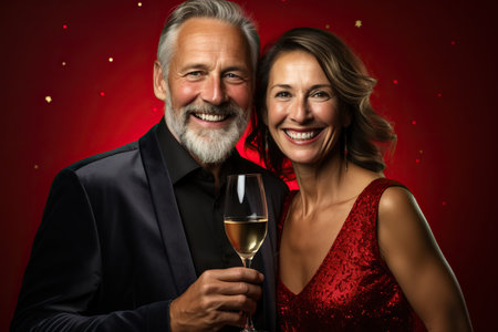 Attractive lovely couple celebrating St. Valentines Day with a glass of wine in handsの素材