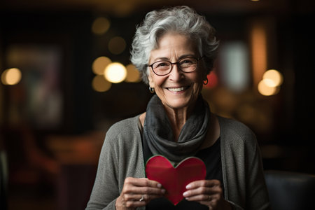 Senior lovely woman holds in hands a paper heart, during celebrating St. Valentines Dayの素材
