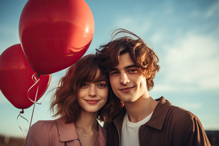 Attractive stylish young couple celebrates St. Valentines Day with red air balloonsの素材