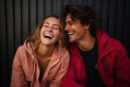 Attractive stylish young couple love each other and joyfully spends time togetherの素材