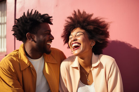 Attractive stylish young couple love each other and joyfully spends time togetherの素材