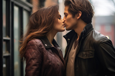 A beautiful attractive couple is showing their love to each other at city streetの素材