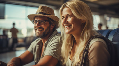 An attractive and joyful couple of travelers waiting in airport to fly on vacationsの素材