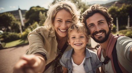 Young happy family travelling to another country on vacationの素材