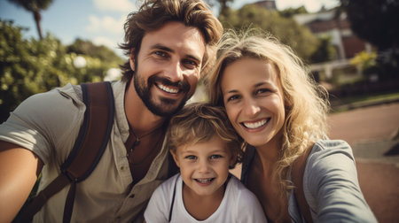 Young happy family travelling to another country on vacationの素材