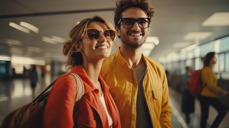 Stylish couple are travelling by plane on vacation to another countryの素材