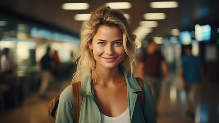 Young attractive person traveler is going on vacation by planeの素材