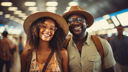 Stylish African American couple are travelling by plane on vacationの素材