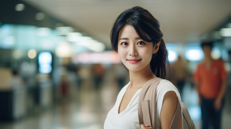 An attractive and joyful Asian female traveler are flying by planeの素材