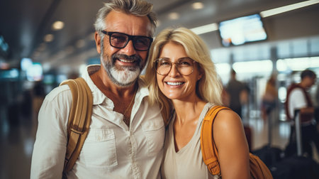 Stylish senior attractive couple are waiting in airport to fly on a weekendの素材