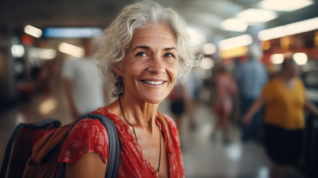 Stylish elderly woman traveler is waiting for the arrival of the plane in the airport terminalの素材